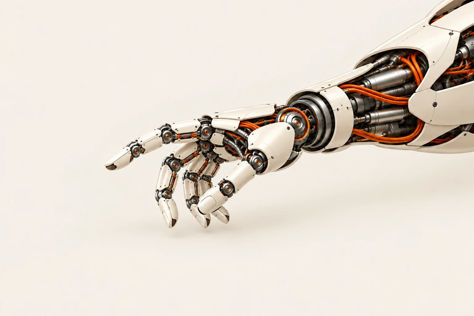 Engineering cutaway of an articulated robotic hand and forearm