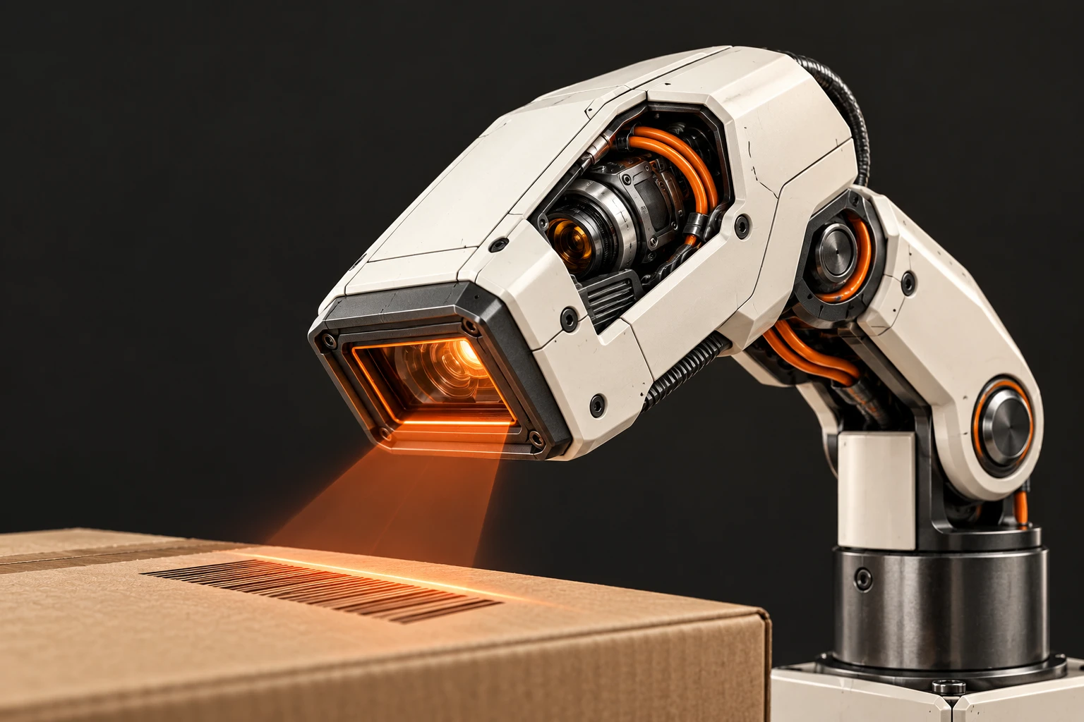 Industrial scanner reading a parcel barcode for operational visibility